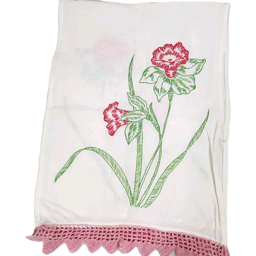 Vintage Cottage Embroidered Tea Kitchen Towel Crochet Edge Pink Grandma MCM Lily